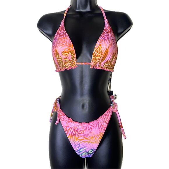 New Small Fashion Nova Pink Animal Print Bikini Swim Beach Side Tie Triangle - Picture 4 of 5